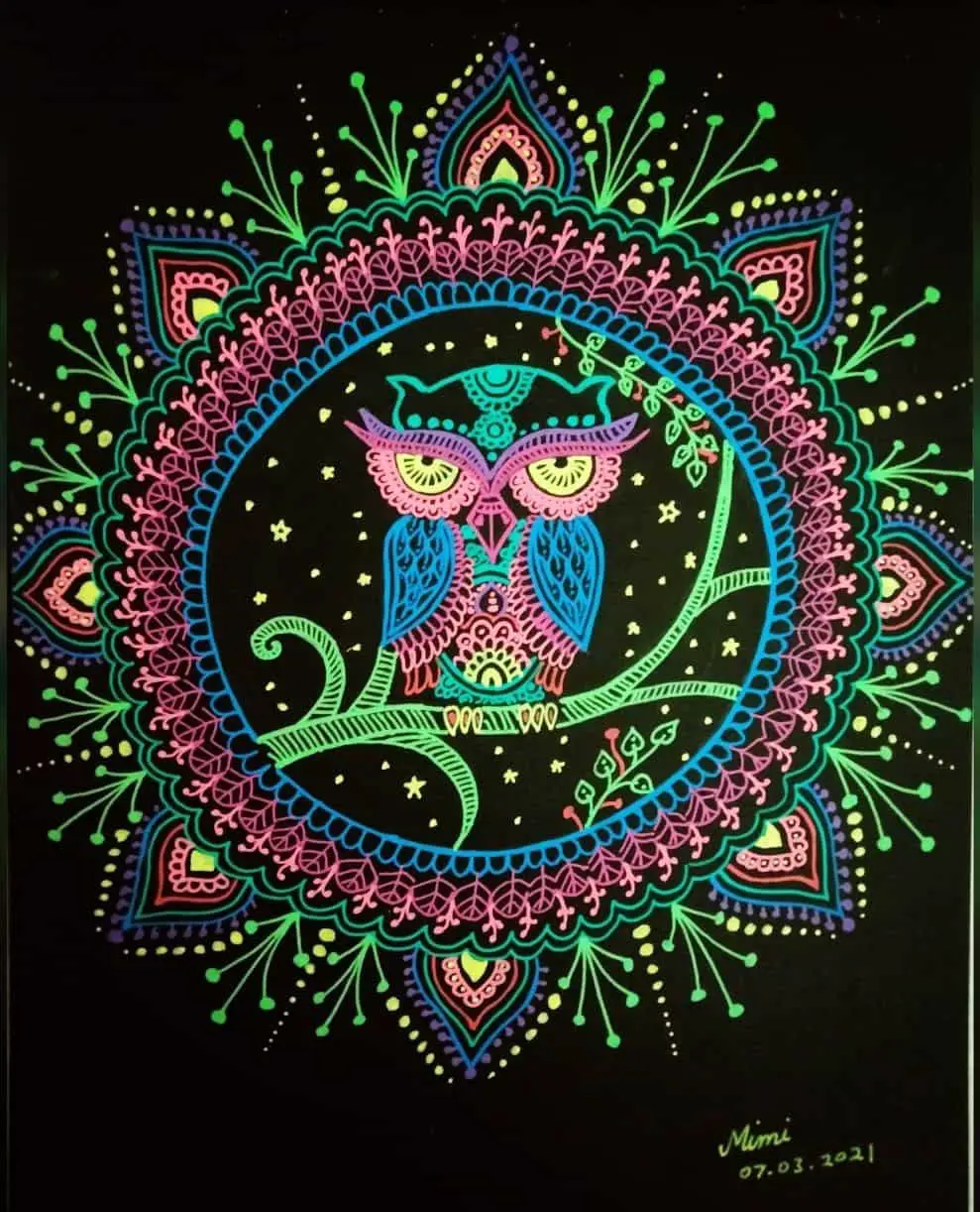 owl glitter pen drawing