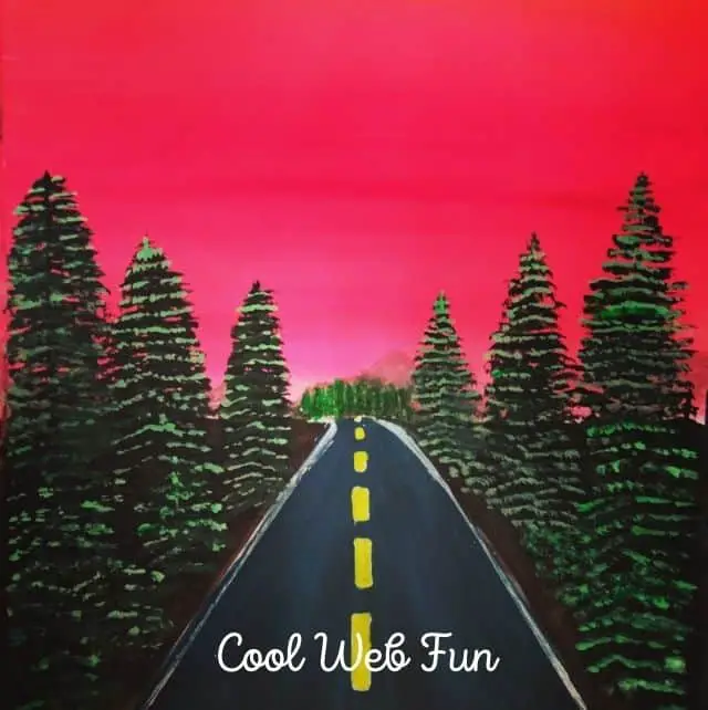 water color painting of a highway with pine trees